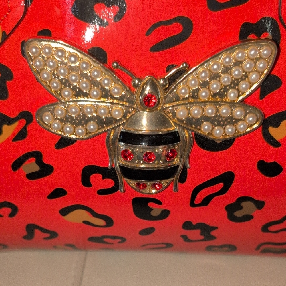 Orange Leopard Print Satchel with Bee Accent - Picture 2 of 15